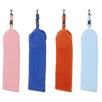 Four brightly colored cloths hang in a row featuring pink blue orange and light blue with clips at the top suggesting they are designed for attachment or hanging in a storage or display context.