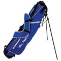 A blue golf bag stands upright on a black tripod stand showcasing its side with white accents and the text Ben Sayers since 1973 prominently displayed on it