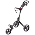 A golf cart is upright featuring three wheels with a handlebar for steering and a bag holder at the back designed for transporting golf clubs across a course.