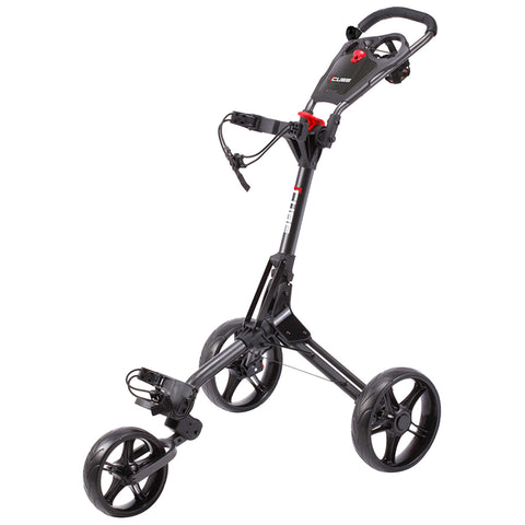 A golf cart is upright featuring three wheels with a handlebar for steering and a bag holder at the back designed for transporting golf clubs across a course.