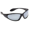 Black sunglasses with a curved design and reflective lenses rest against a white background highlighting their sporty appearance suitable for outdoor activities or bright environments.