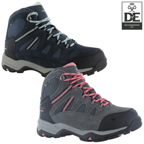 Hi-Tec Ladies Bandera II Waterproof Walking Boots Two pairs of hiking boots are displayed one on top of the other the upper boot is dark blue and gray with light blue laces the lower boot is gray with pink laces and accents