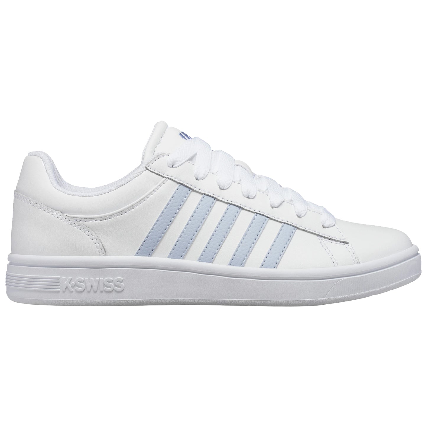 A white sneaker with light blue stripes is positioned sideways showcasing its smooth surface and laces emphasizing a sporty design suitable for casual wear or athletic activities. The brand name KSWISS is embossed on the side.