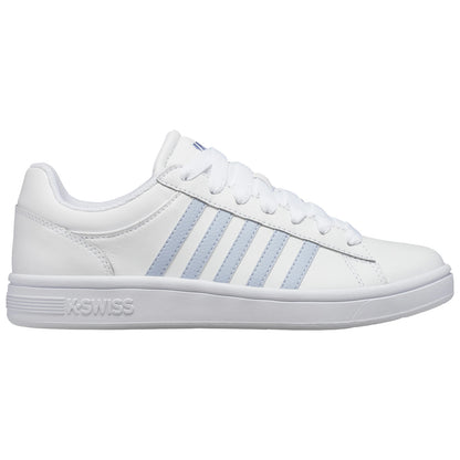 A white sneaker with light blue stripes is positioned sideways showcasing its smooth surface and laces emphasizing a sporty design suitable for casual wear or athletic activities. The brand name KSWISS is embossed on the side.
