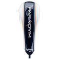 A golf club head cover is positioned upright displaying a sleek design in navy and white with gold accents. The words PARADYM and Callaway are prominently featured on its surface.