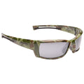 Camouflage sunglasses rest on a white background highlighting their sleek design and reflective lenses ideal for outdoor activities and tactical use providing protection from sunlight and glare.