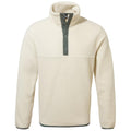 A cream-colored fleece pullover with a high collar features a green button placket at the neckline creating a cozy and warm garment suitable for cool weather.