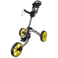 A golf push cart with a gray frame and yellow wheels is positioned upright. It features a handle and a storage area on top, designed for transporting golf bags on various terrains.