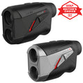 A pair of rangefinders displayed side by side features a sleek design with visible buttons and lenses indicating their function in measuring distances outdoors. Red and black color accents are present.