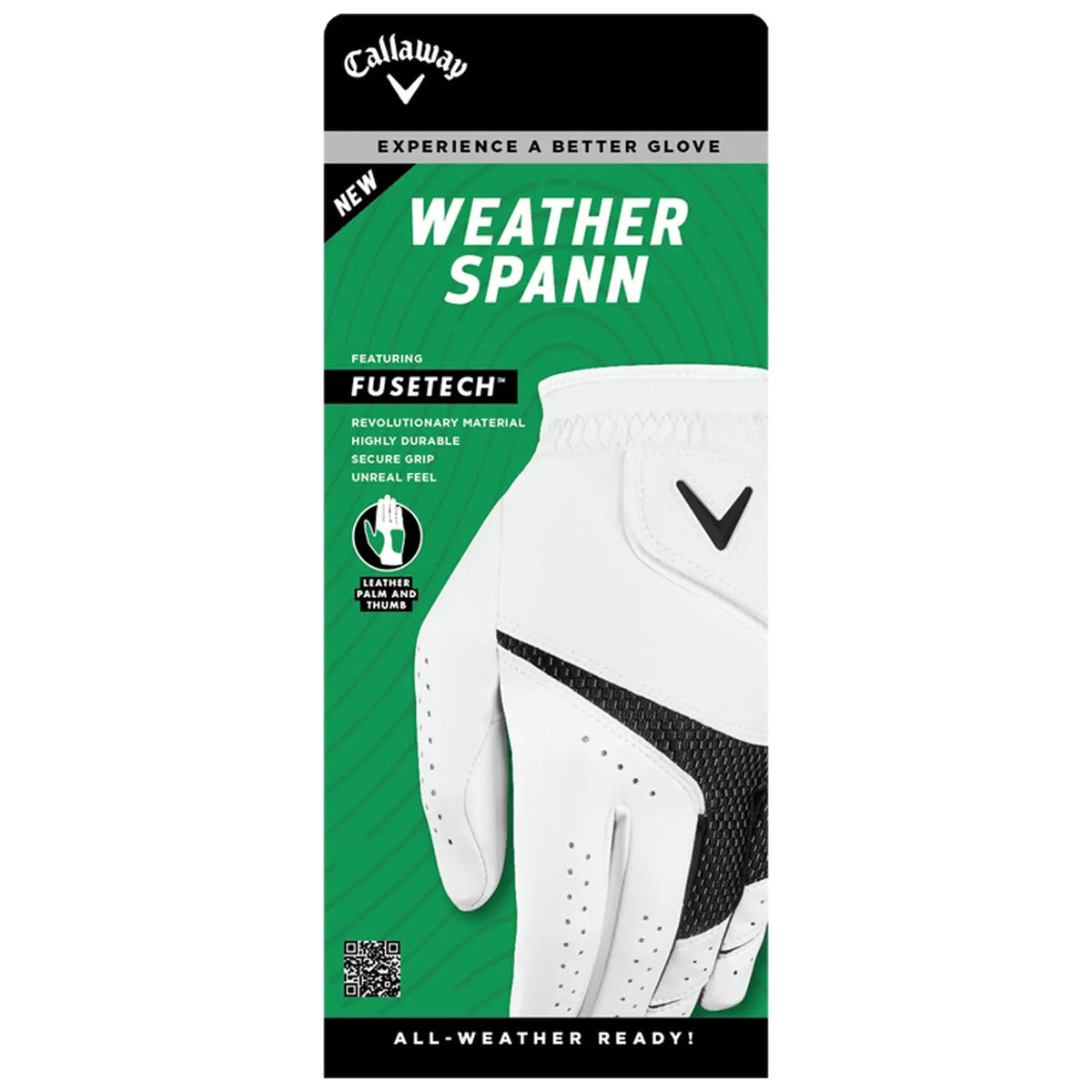 A white golf glove is displayed prominently with features highlighted on a green background. It showcases durable material for grip and feel. Text includes product features and branding details.