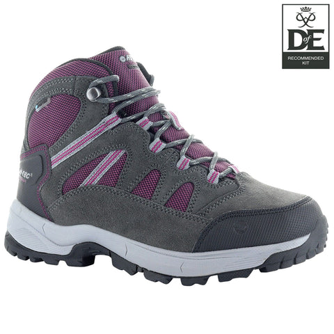 A gray and purple hiking boot stands upright showcasing its sturdy sole and reinforced toe while designed for outdoor activities in nature or rugged terrain, suitable for hiking or trekking.