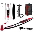 A paddleboard set is displayed featuring a paddleboard with a red and black design a pump for inflation a carrying backpack a paddle and safety leash arranged neatly in a flat layout.