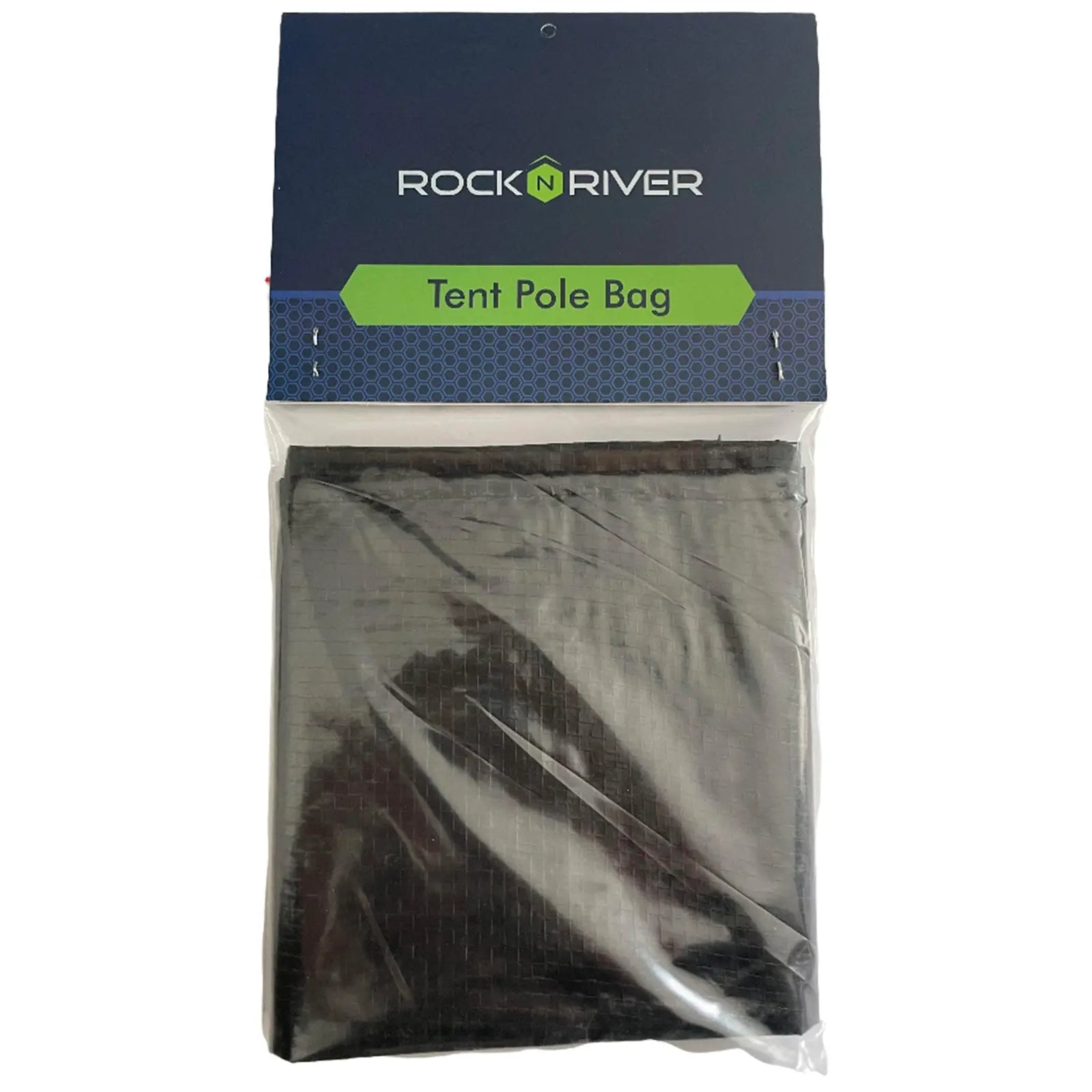 A black tent pole bag is displayed in a plastic packaging. The packaging features a blue and green label reading "ROCK N RIVER" and "Tent Pole Bag" prominently at the top.