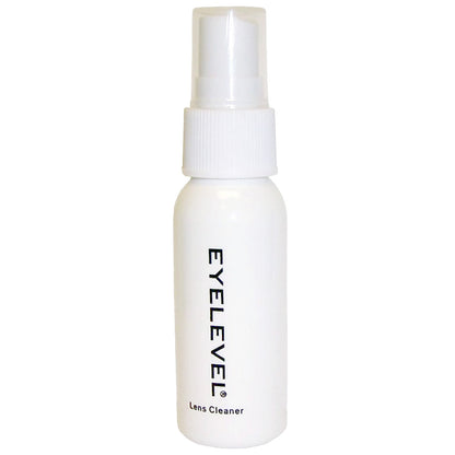 A white bottle labeled Eyelevel containing lens cleaner stands upright with a spray nozzle at the top in a simple and clean design.