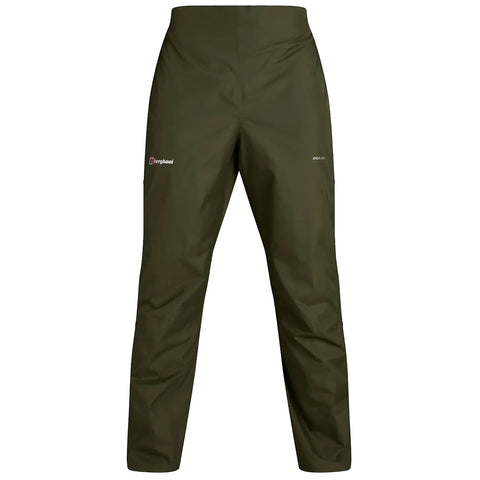 Green waterproof pants hang vertically featuring a smooth texture and a relaxed fit suitable for outdoor activities designed to protect against rain and moisture in outdoor environments.