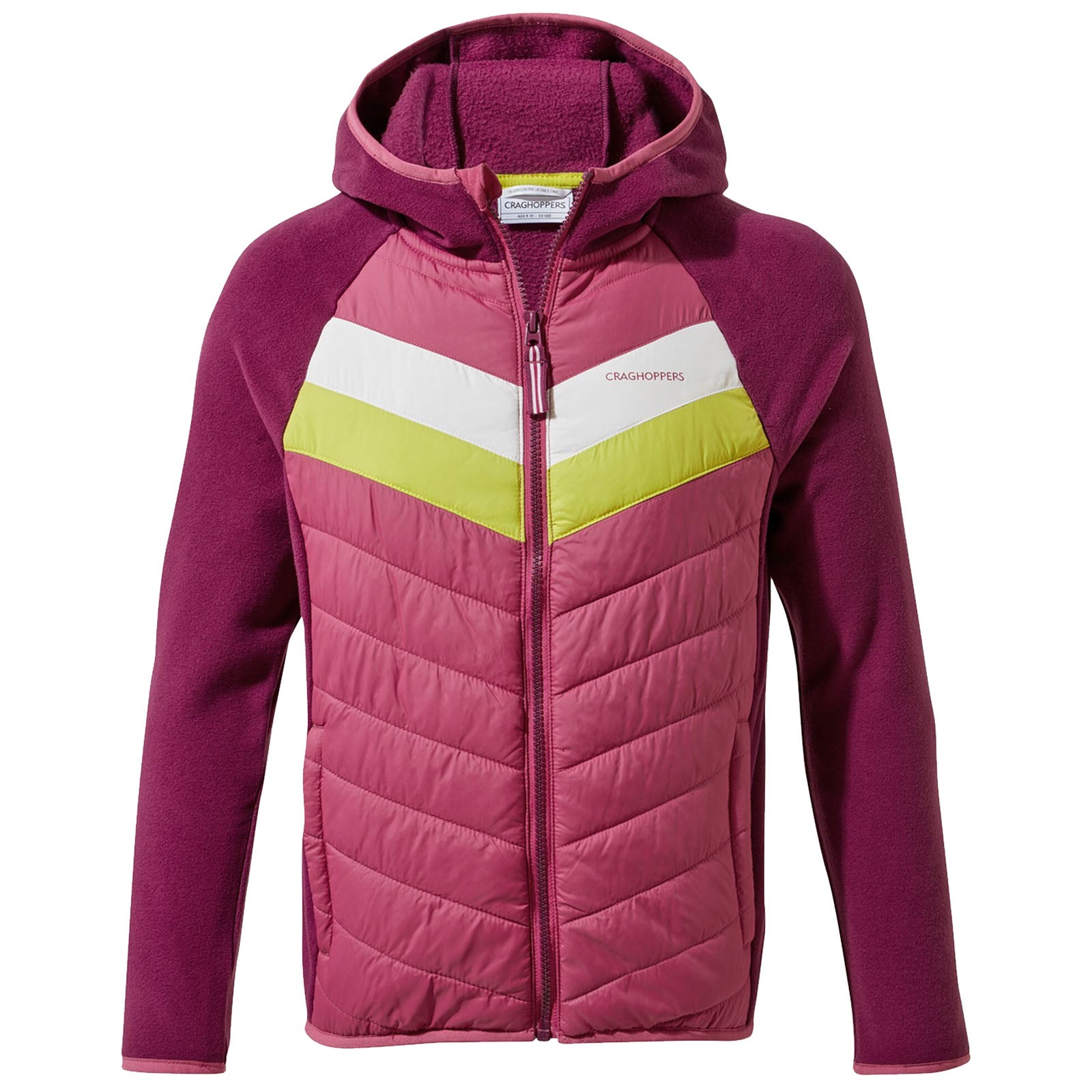 A hooded jacket features a combination of materials with a quilted front in pink and purple tones and a colored chevron design that includes white and light green sections, suitable for outdoor activities.