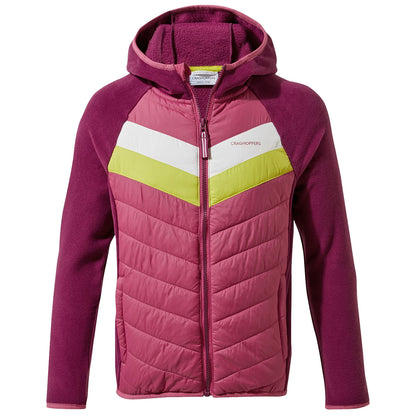 A hooded jacket features a combination of materials with a quilted front in pink and purple tones and a colored chevron design that includes white and light green sections, suitable for outdoor activities.