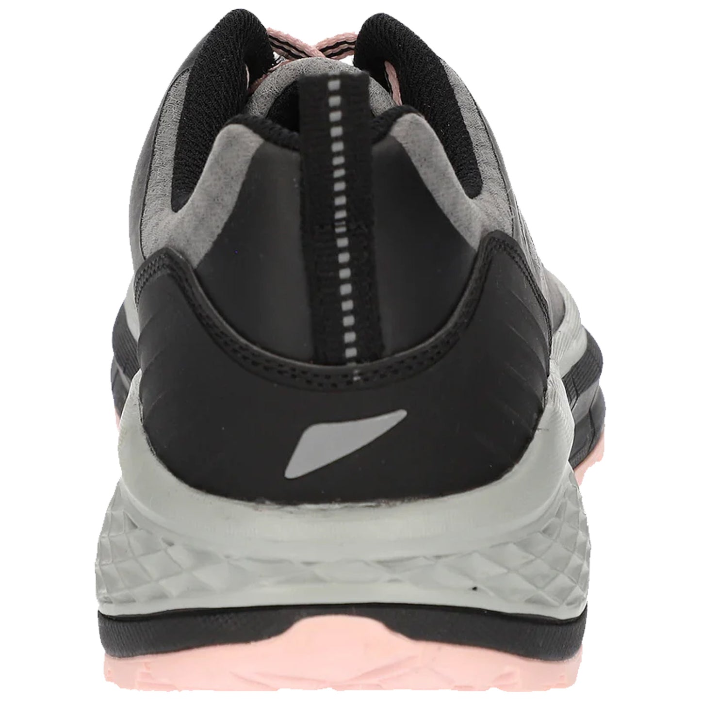 A pair of athletic shoes is positioned with the heel facing the viewer showcasing a black and gray design with a pink sole in a neutral environment.
