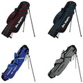 Four golf bags are displayed in a grid layout showcasing different colors including black with red accents black with blue accents blue and gray. Each bag features a standing support and a logo.