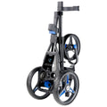 A compact golf pushcart stands upright featuring three large wheels and a black frame with blue accents displaying a digital screen on the body. The cart is designed for easy transport on golf courses.