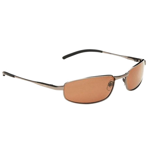 Sunglasses with rectangular brown lenses are positioned at an angle showcasing their sleek metallic frame and black temple tips against a plain white background.
