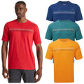 A man is wearing a red t-shirt featuring a graphic design across the chest while three other t-shirts in blue green and orange colors are displayed beside him.
