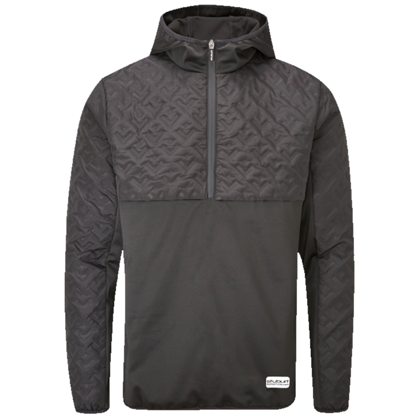 A black hooded jacket with a quarter zip features a textured upper section and a smooth lower section, designed for casual wear or outdoor activities.