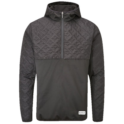 A black hooded jacket with a quarter zip features a textured upper section and a smooth lower section, designed for casual wear or outdoor activities.