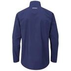 A navy blue long-sleeve shirt is displayed facing away showcasing a high collar and smooth fabric with a logo at the back in a minimalist design with no visible buttons or pockets.