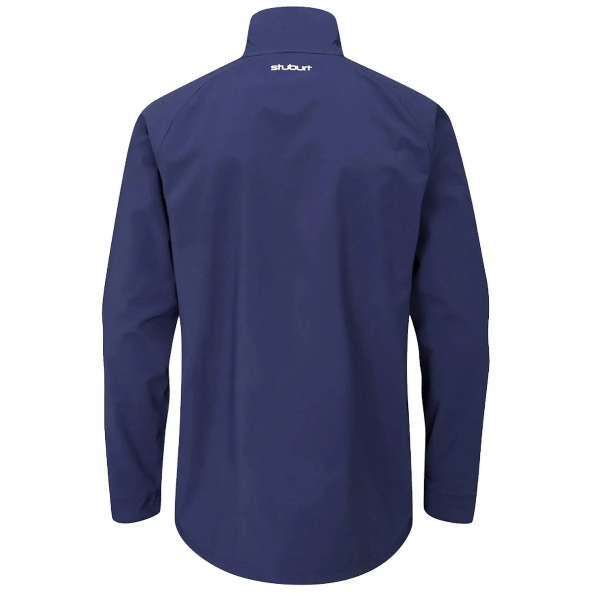 A navy blue long-sleeve shirt is displayed facing away showcasing a high collar and smooth fabric with a logo at the back in a minimalist design with no visible buttons or pockets.