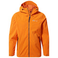 A bright orange jacket hangs visibly with a hood and zippered front featuring pockets on the sides showcasing a textured fabric ideal for outdoor activities in varied weather conditions