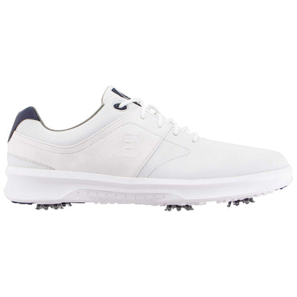 A white golf shoe with a smooth design features a grey and navy accent at the heel while equipped with cleats on the sole for traction on the golf course.