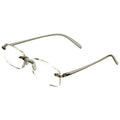 A pair of rectangular eyeglasses with clear lenses is positioned horizontally featuring slender metallic frames and elongated temple arms in a minimalist style against a plain background.