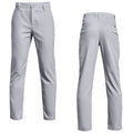 Light gray pants are displayed from the front and back views highlighting their slim fit and smooth fabric designed for casual or semi-formal wear suitable for various occasions.