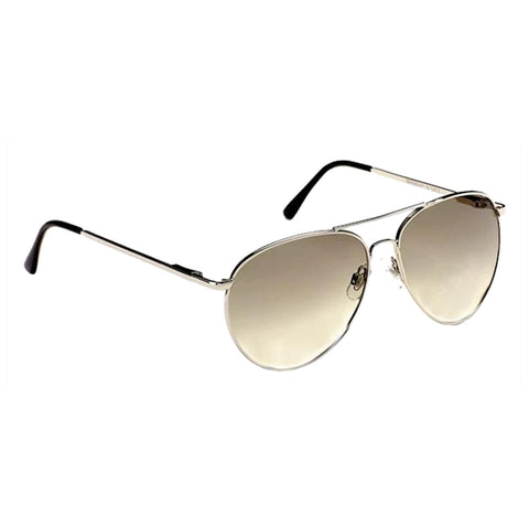 Sunglasses with a metallic frame and gradient lenses rest horizontally with arms extended. The background is plain, emphasizing the sleek design and reflective quality of the lenses.